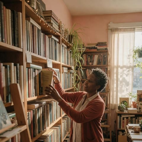 An independent bookstore owner arranging books on a shelf in a cozy