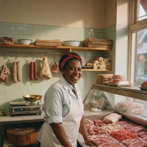 A butcher smiling behind the counter of a clean