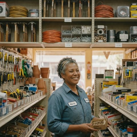 A hardware store owner smiling among neatly stocked shelves of tools and supplies