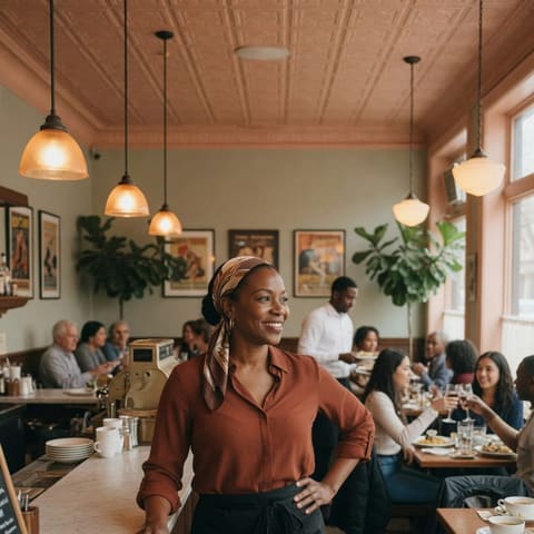 A confident restaurant owner standing proudly behind the counter of their small bistro