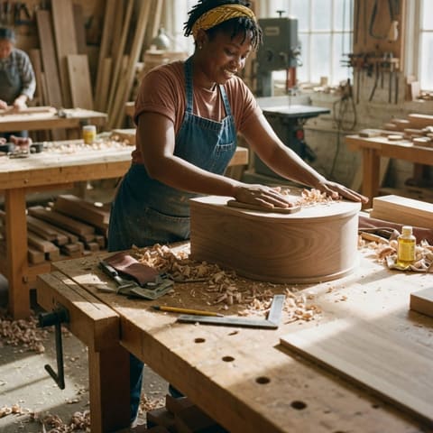 A woodworker smoothing a piece of furniture at a workbench in a sunlit workshop